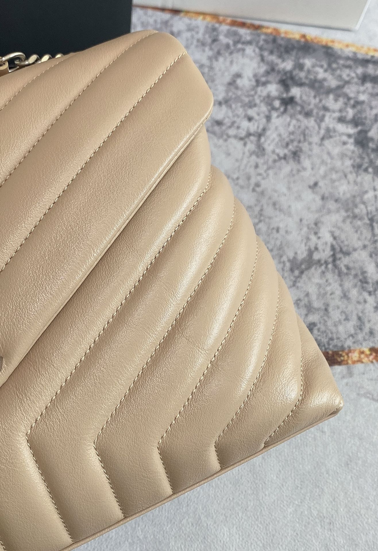 Y51 LOULOU MEDIUM IN QUILTED LEATHER DARK BEIGE SILVER 12.5 X 8.6 X 3.5 INCHES