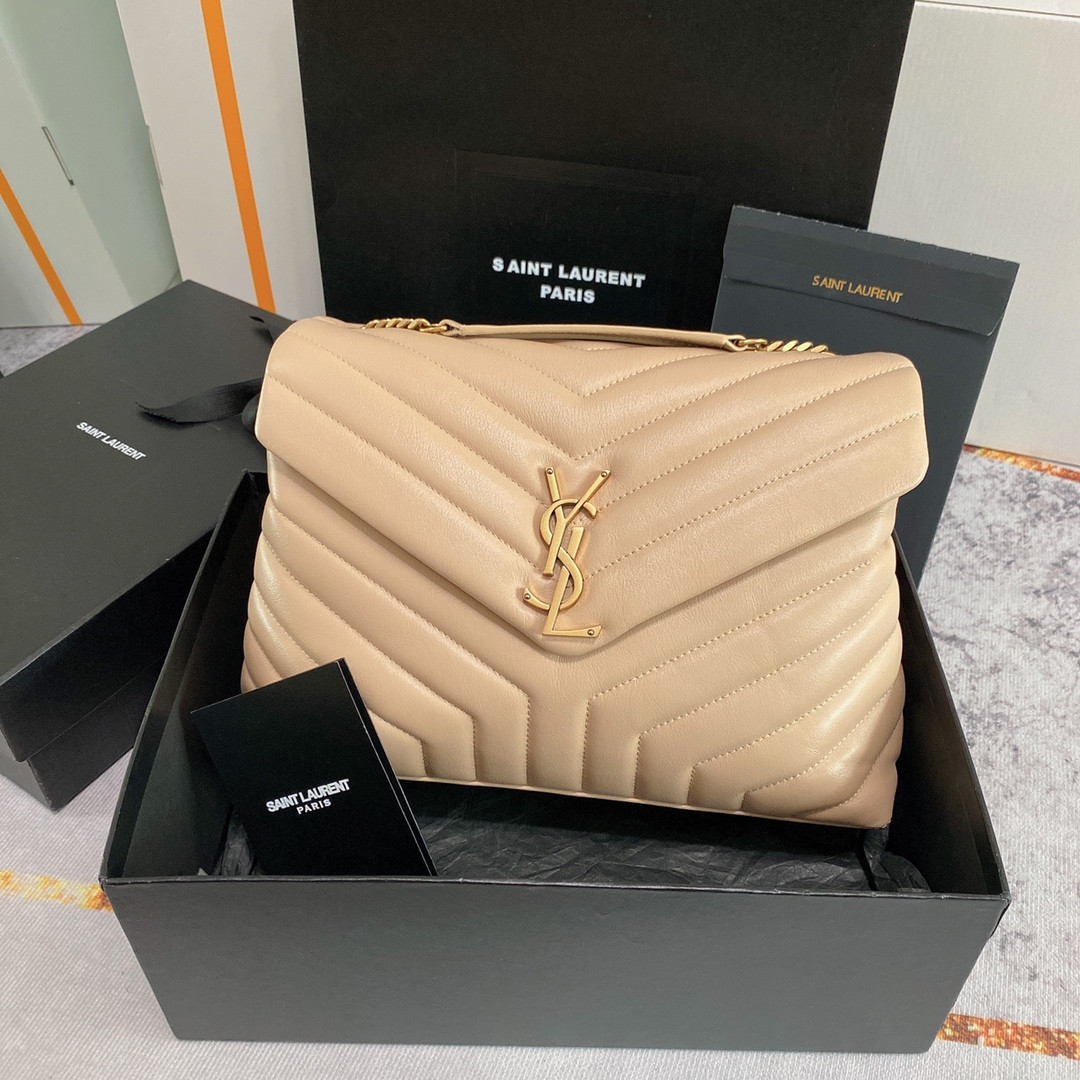 Y51 LOULOU MEDIUM IN QUILTED LEATHER DARK BEIGE 12.5 X 8.6 X 3.5 INCHES
