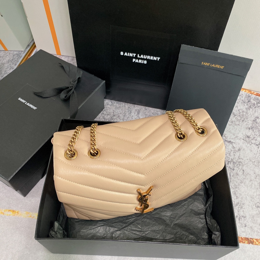 Y51 LOULOU MEDIUM IN QUILTED LEATHER DARK BEIGE 12.5 X 8.6 X 3.5 INCHES