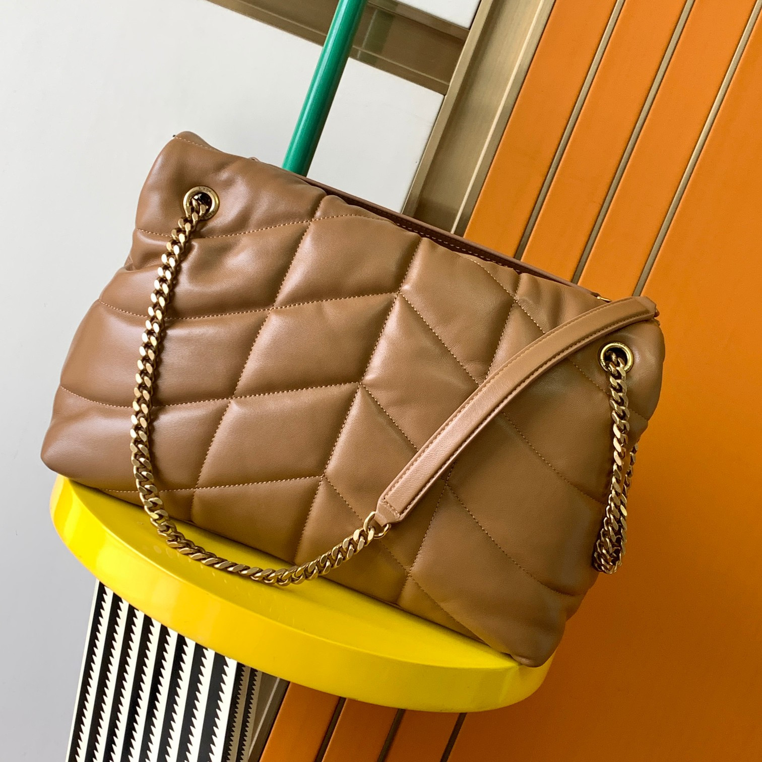 Y51 PUFFER MEDIUM IN NAPPA LEATHER BROWN 13.7 X 9 X 5.3 INCHES
