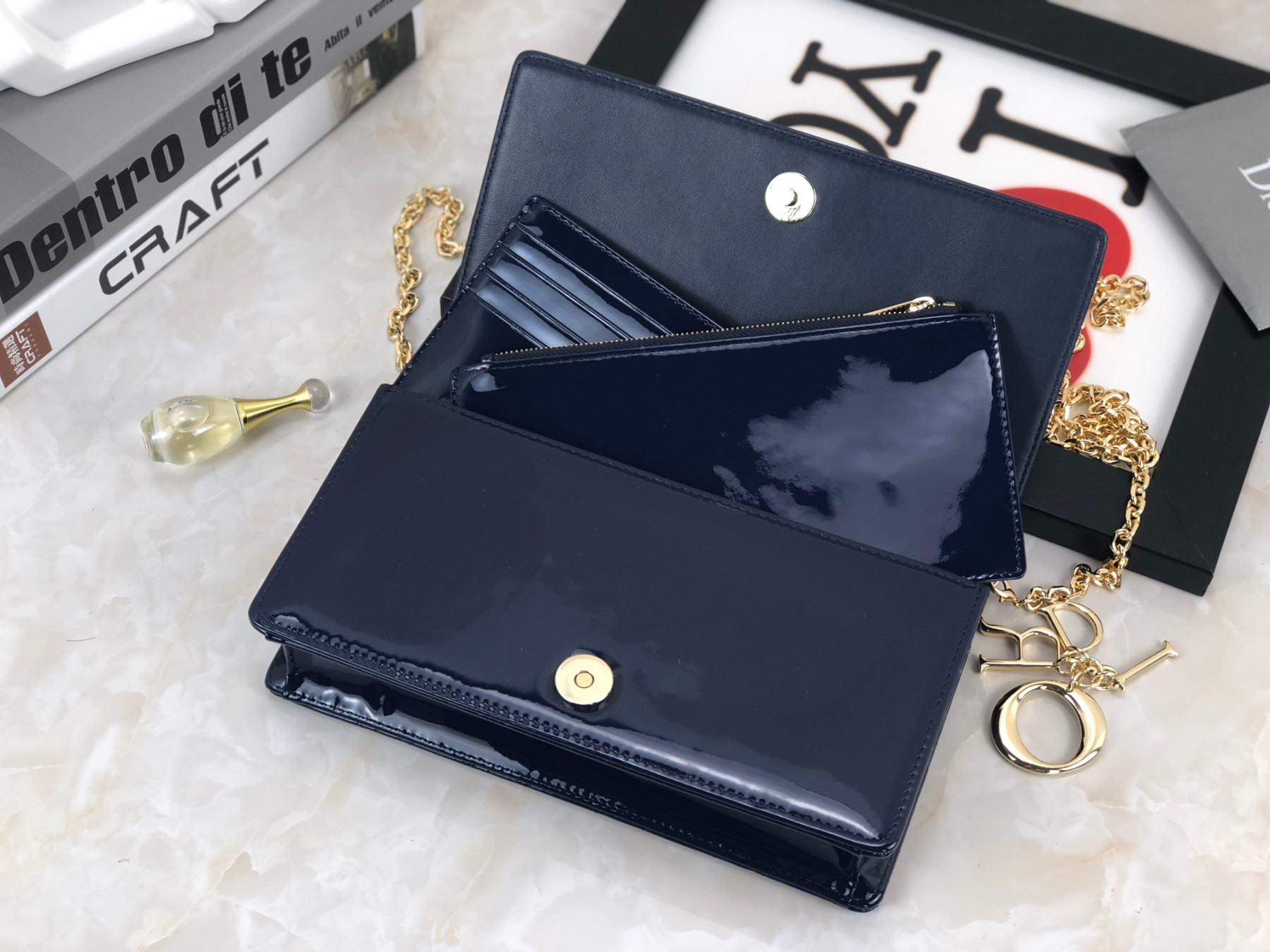 Lady D10r Pouch  Navy Patent Cannage Calfskin 8.5 x 4.5 x 1 inches