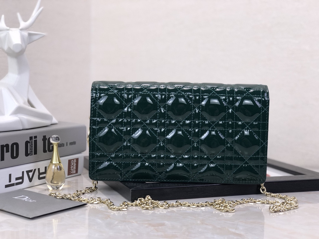 Lady D10r Pouch Dark Green Patent Cannage Calfskin 8.5 x 4.5 x 1 inches