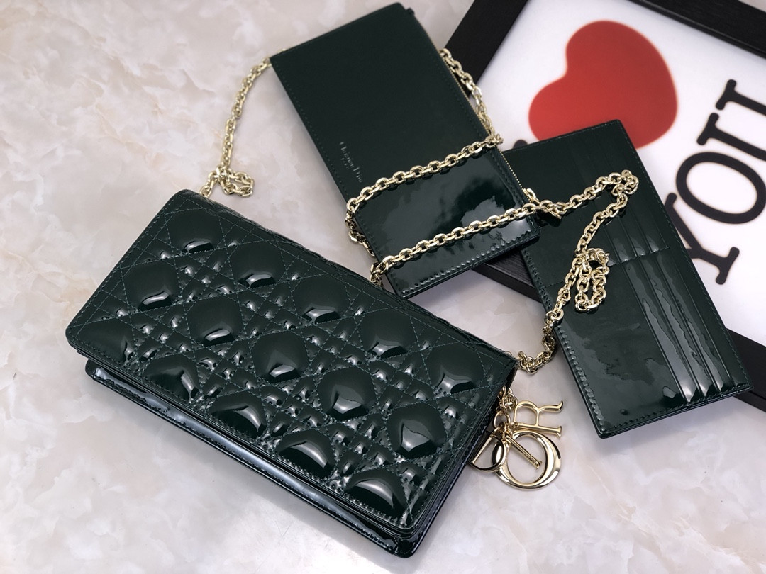 Lady D10r Pouch Dark Green Patent Cannage Calfskin 8.5 x 4.5 x 1 inches