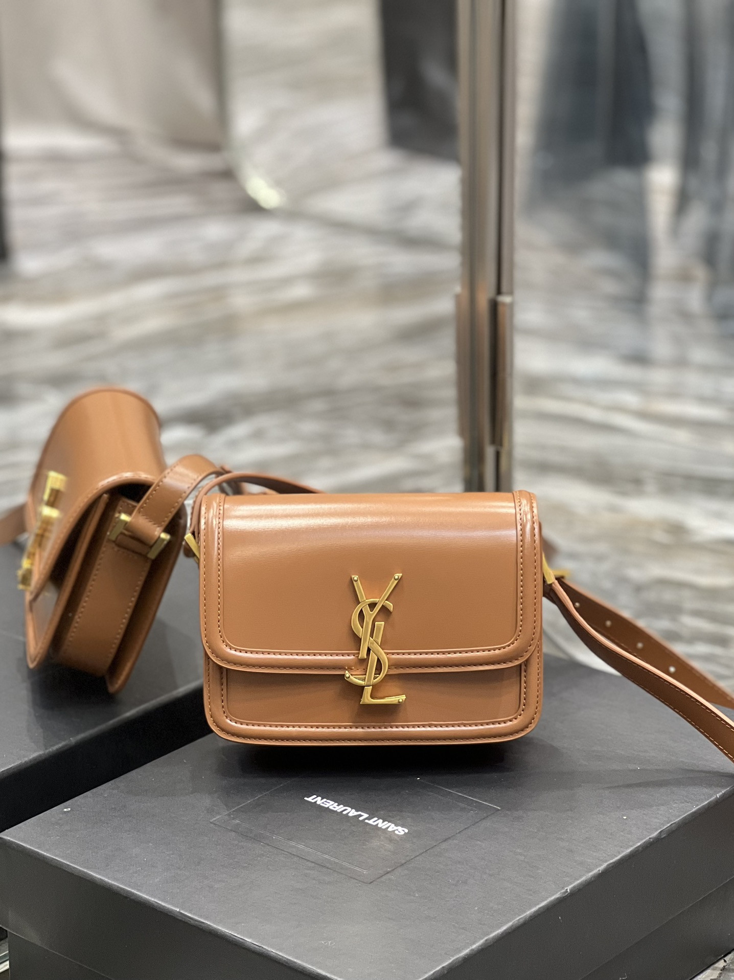 Y51 SOLFERINO SMALL SATCHEL IN BOX Sa1nt Lau*nt BRWON 7.4 X 5.1 X 1.9 INCHES