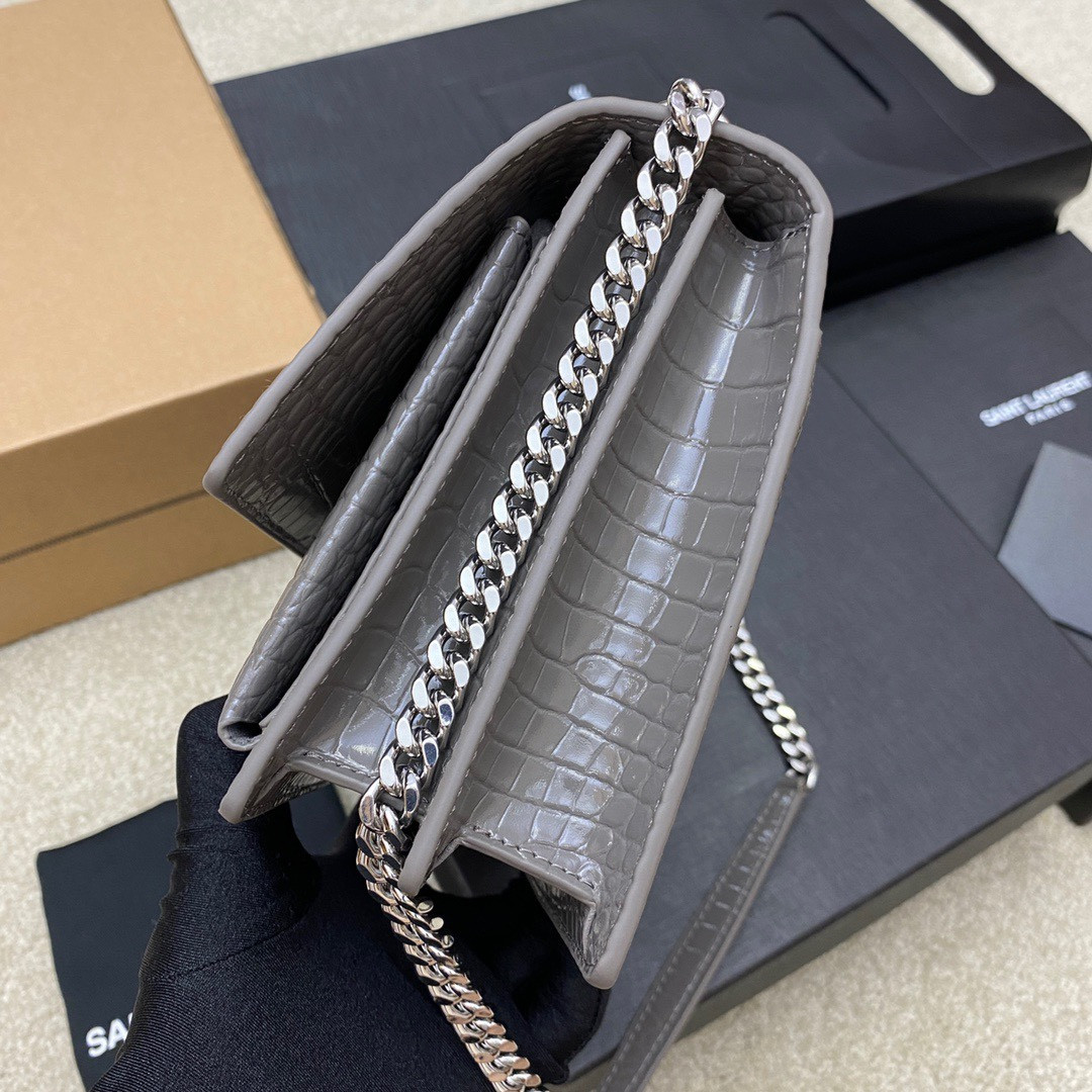 Y51 SUNSET MEDIUM IN CROCODILE-EMBOSSED LEATHER GRAY 8 X 6.2 X 2.5 INCHES
