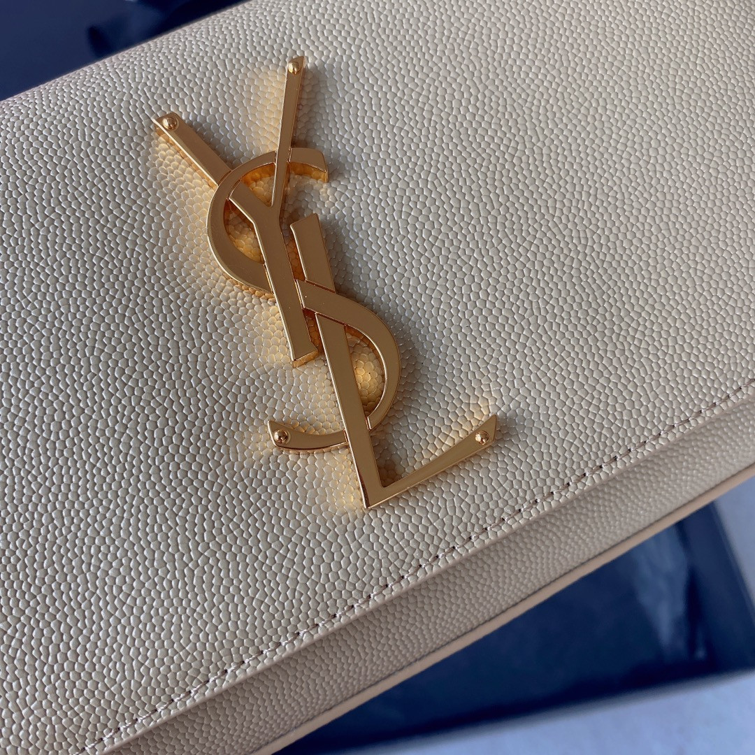 Y51 KATE SMALL IN GRAIN DE POUDRE EMBOSSED LEATHER LIGHT YELLOW GOLD 7.8 X 4.9 X 1.9 INCHES
