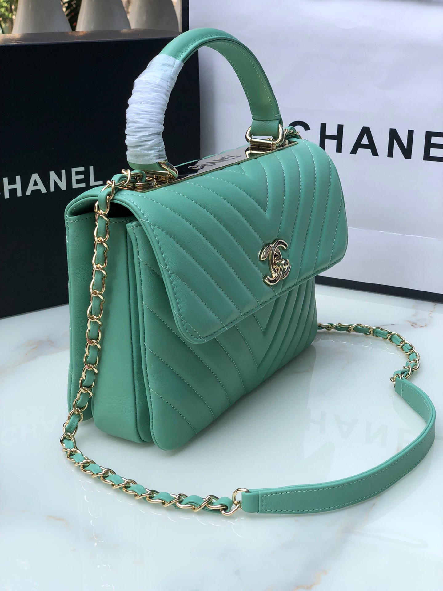 Ch**el FLAP BAG WITH TOP HANDLE BLUE SILVER 6.6 × 9.8 × 4.7 in