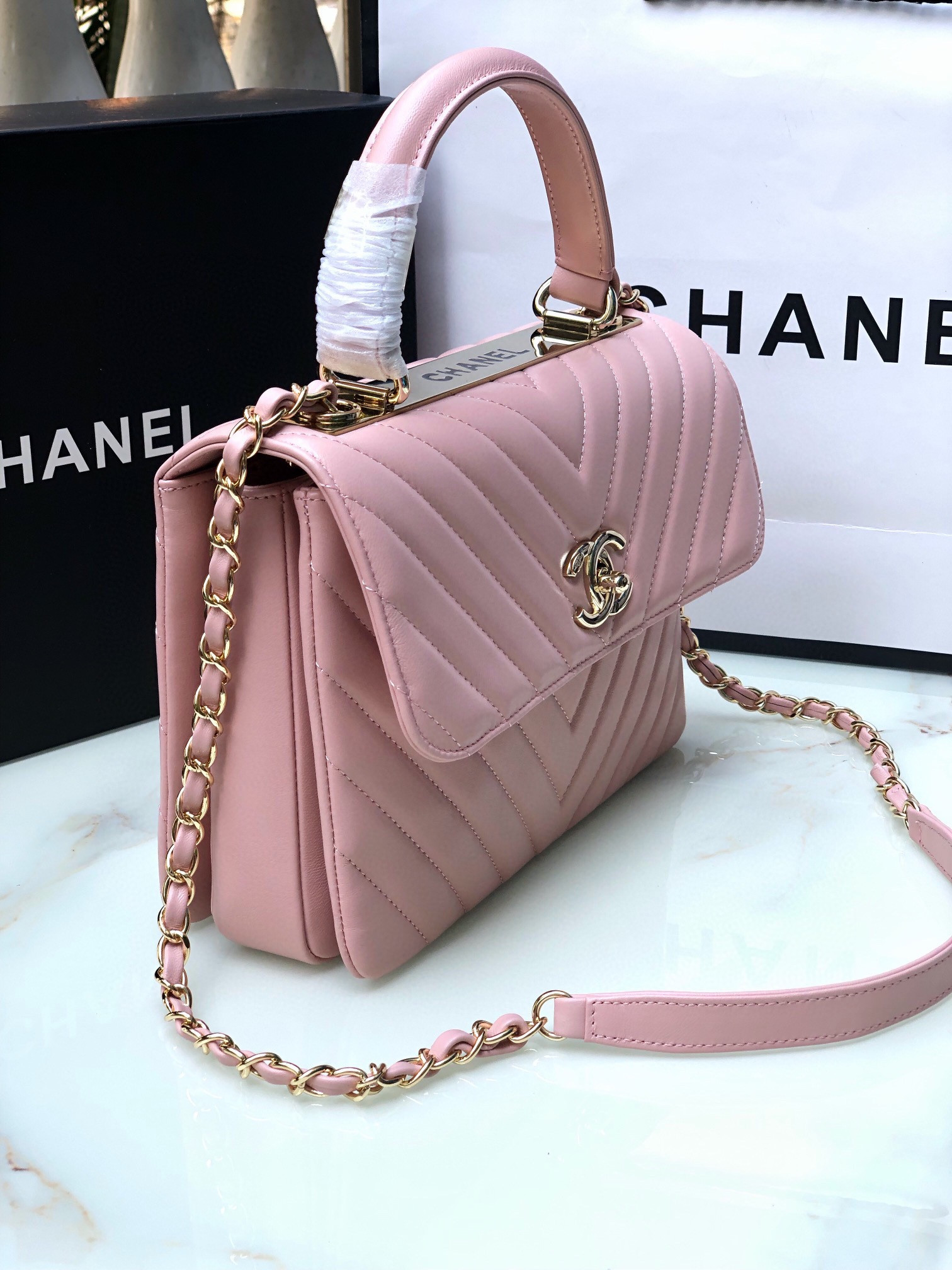Ch**el FLAP BAG WITH TOP HANDLE PINK 6.6 × 9.8 × 4.7 in
