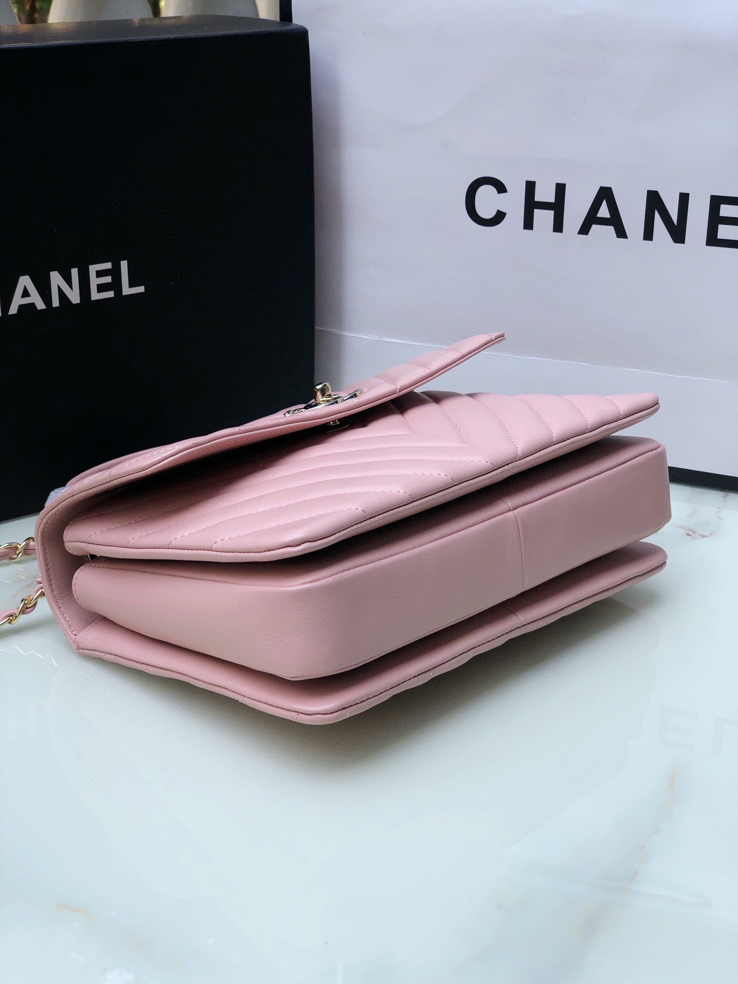 Ch**el FLAP BAG WITH TOP HANDLE PINK 6.6 × 9.8 × 4.7 in