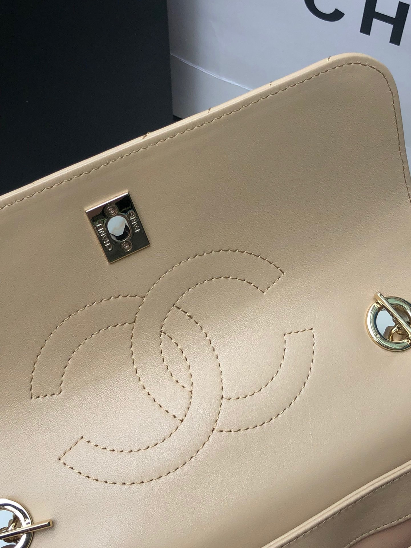 Ch**el FLAP BAG WITH TOP HANDLE BEIGE 6.6 × 9.8 × 4.7 in