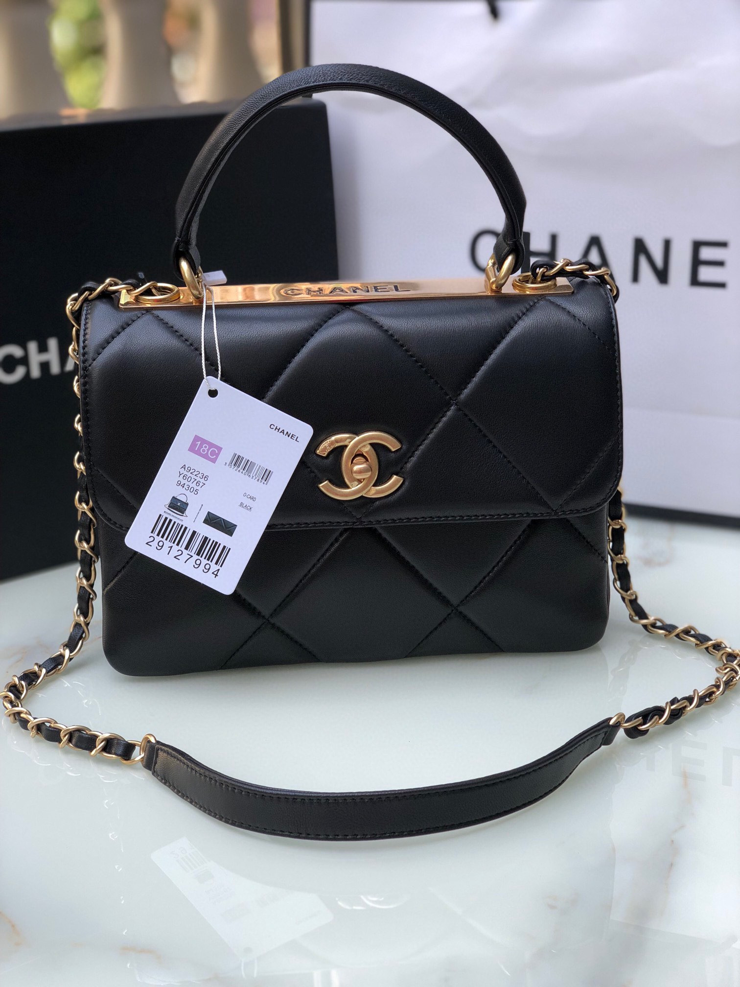 Ch**el FLAP BAG WITH TOP HANDLE 6.6 × 9.8 × 4.7 in