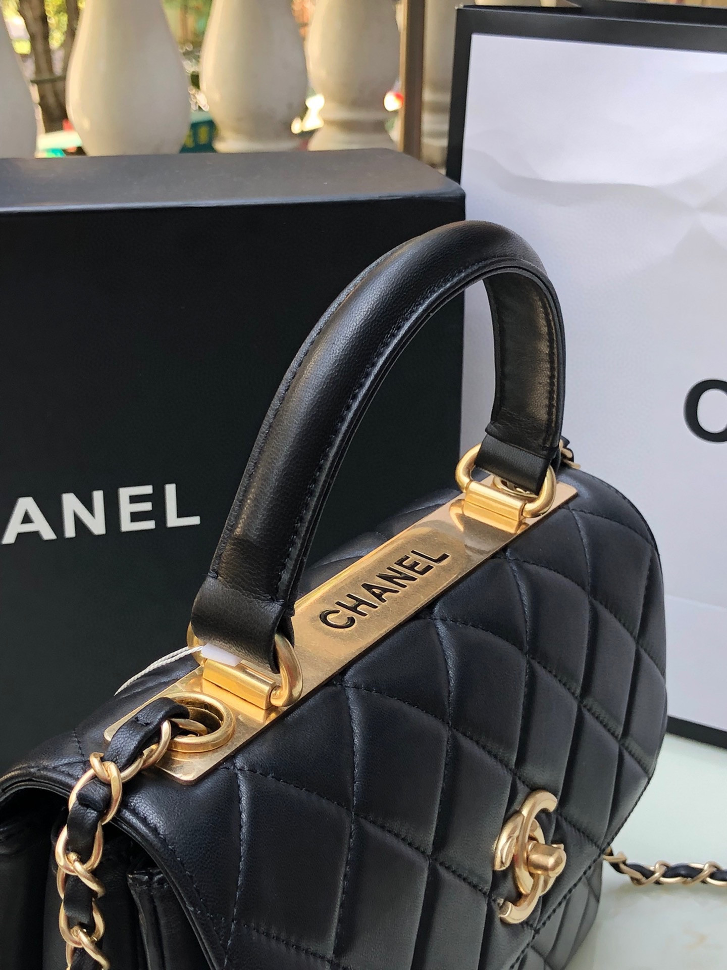 Ch**el FLAP BAG WITH TOP HANDLE 6.6 × 9.8 × 4.7 in