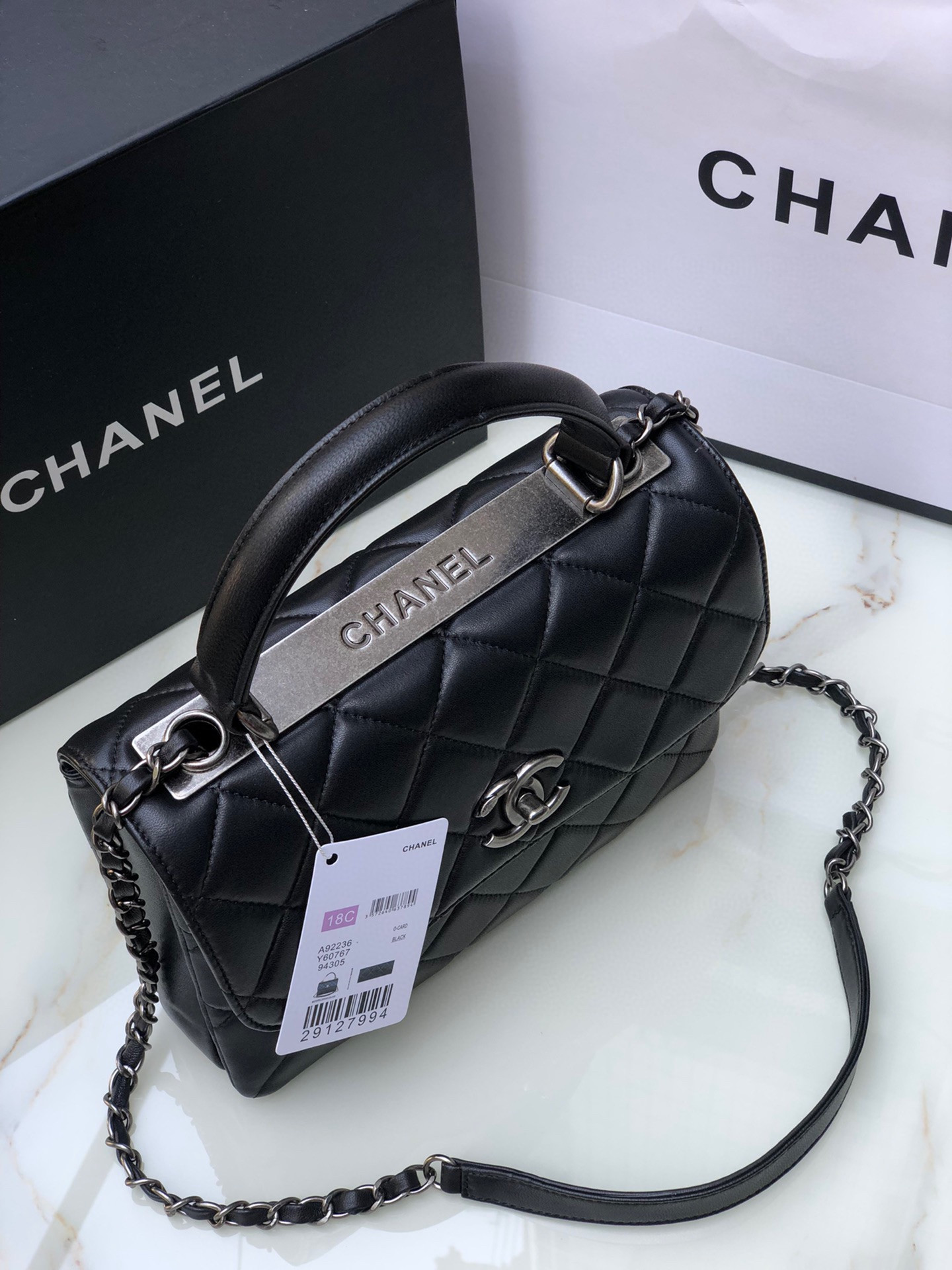 Ch**el FLAP BAG WITH TOP HANDLE 6.6 × 9.8 × 4.7 in