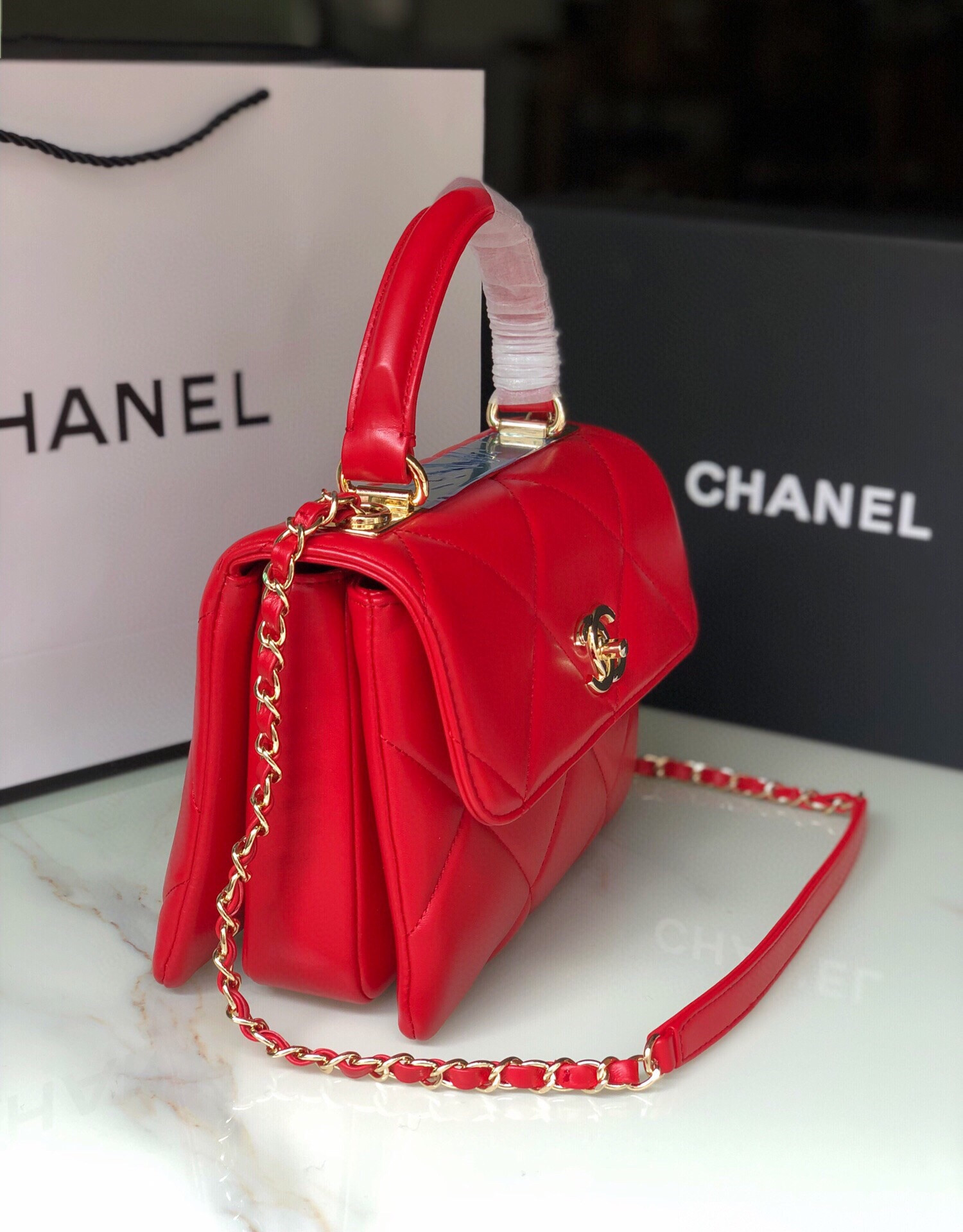 Ch**el FLAP BAG WITH TOP HANDLE 6.6 × 9.8 × 4.7 in