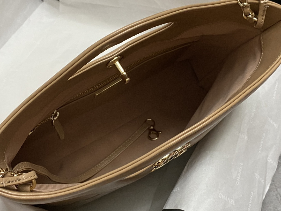 Ch**el SHOPPING BAG Shiny Lambskin & Gold-Tone Metal 11.7 × 11.3 × 3.5 in