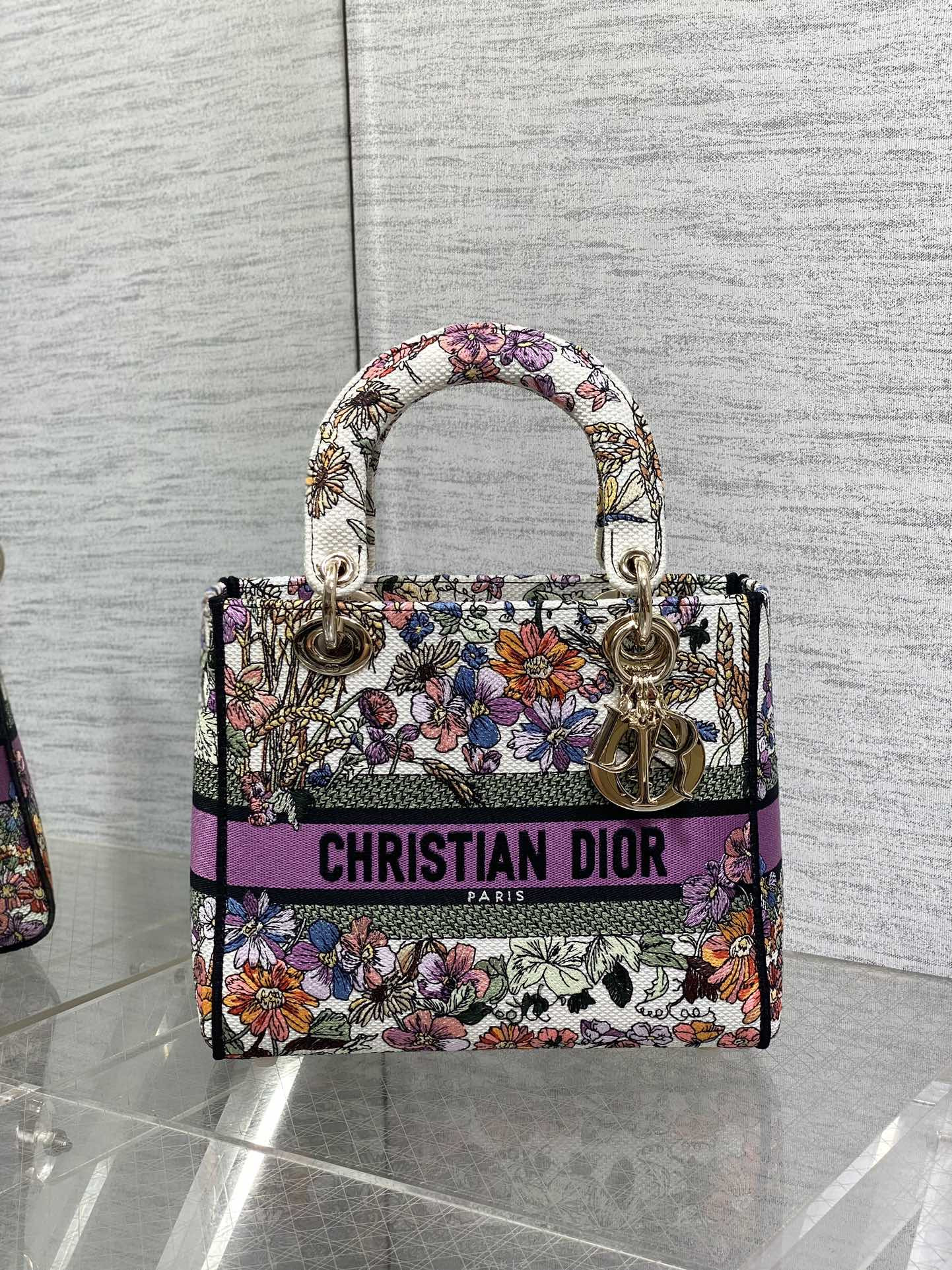 Medium Lady D10r Bag White Multicolor D10r 4 Saisons Été Embroidery 24 x 20 x 12 cm