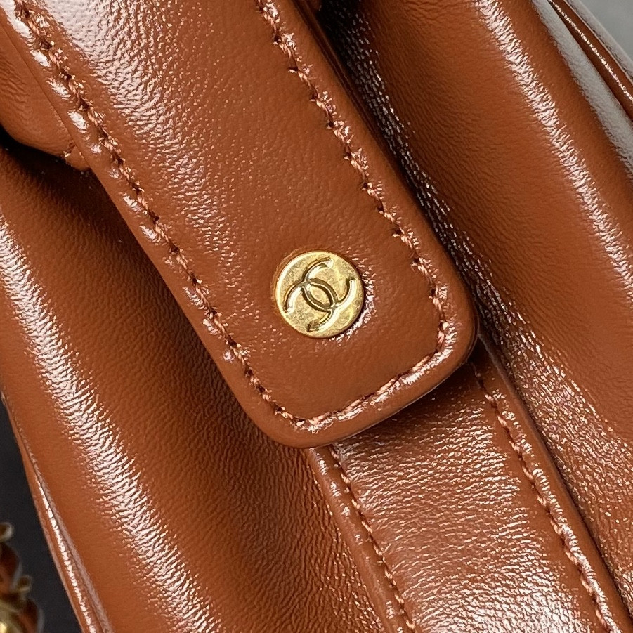 Ch**el MINI BAG WITH TOP HANDLE  Shiny Lambskin & Gold-Tone Metal Brown 12 × 18 × 7 cm
