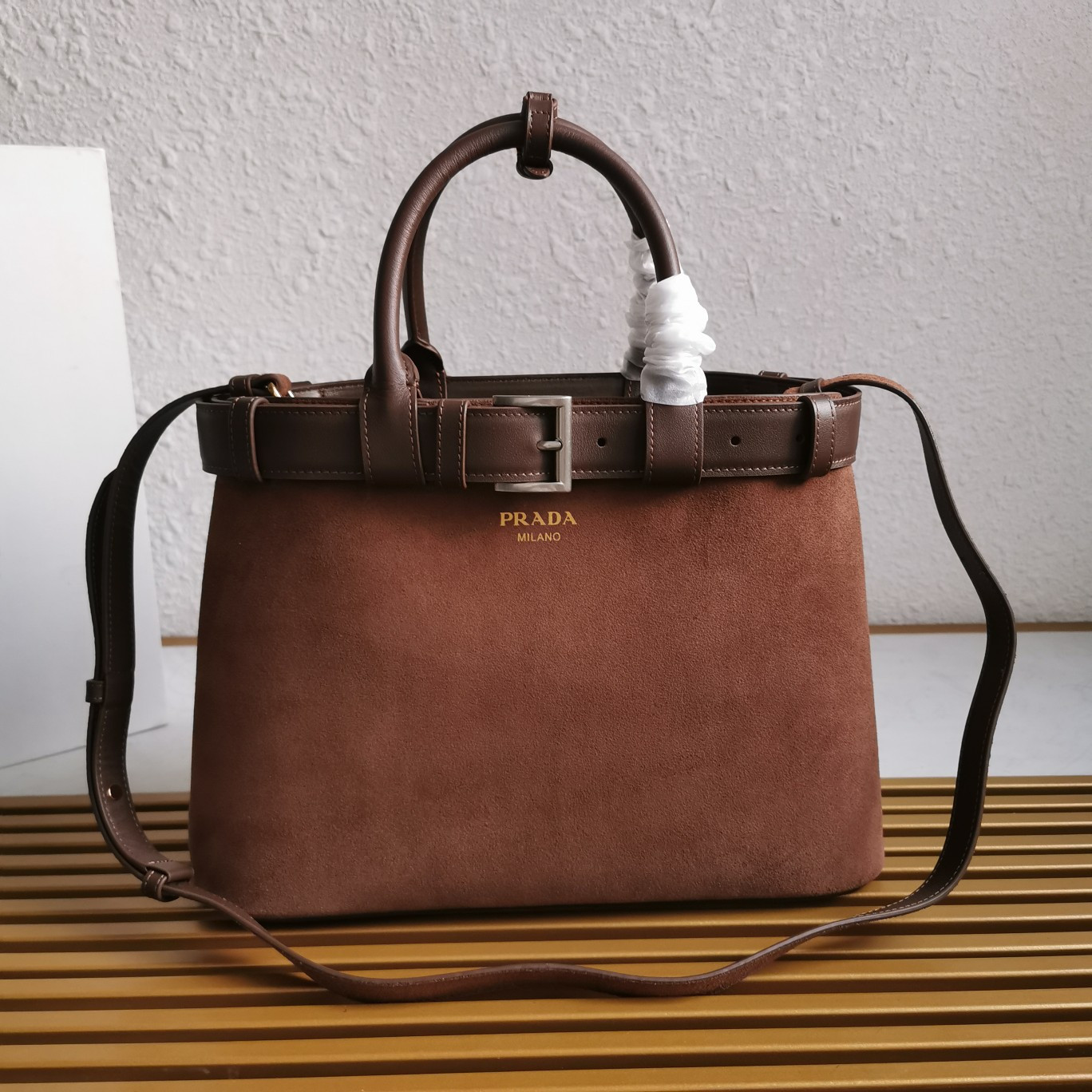 Pra*a Large Pra*a Buckle suede bag with belt  27.5x37.5x14cm