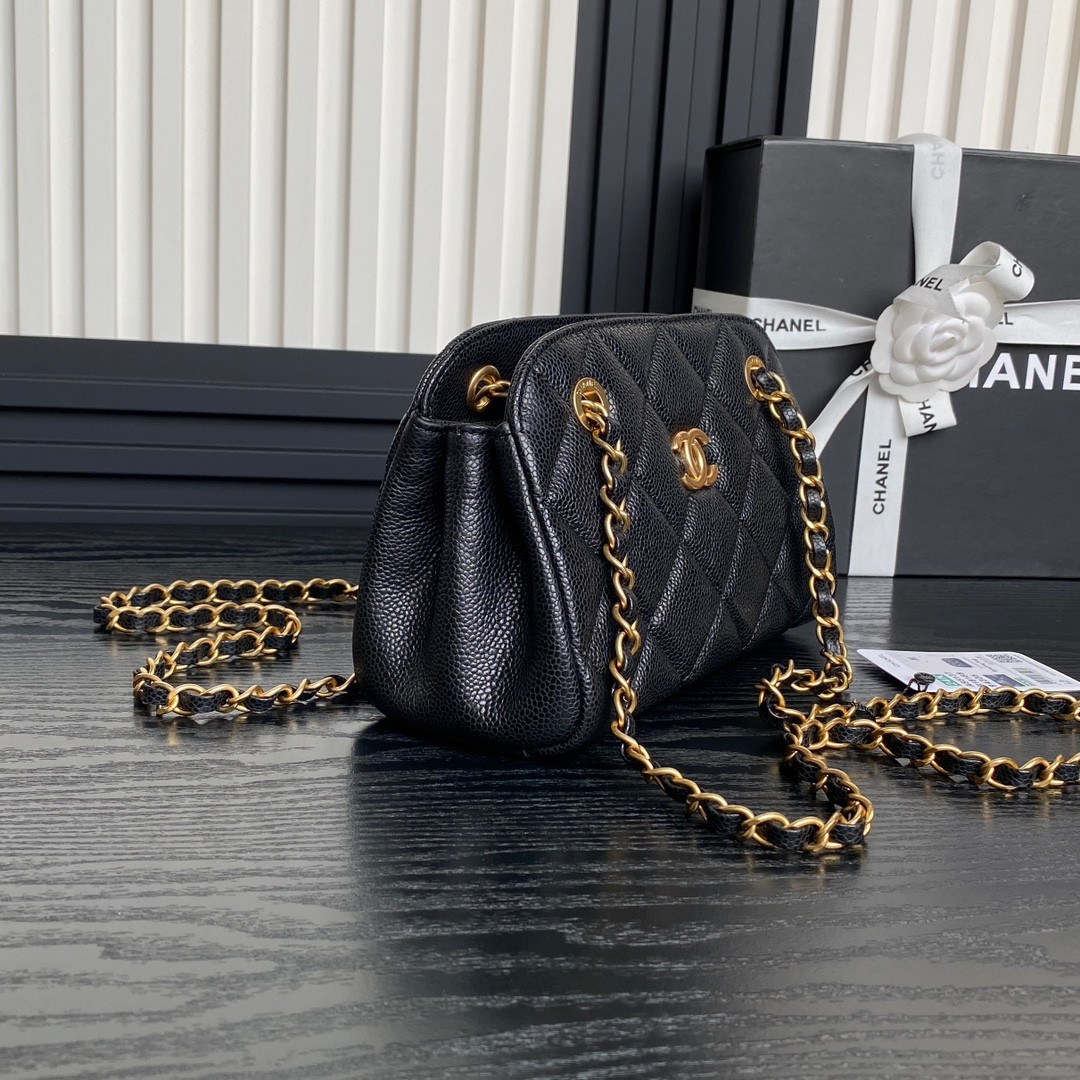 Ch**el Small Bowling Bag Grained Shiny Calfskin 14x22x9cm