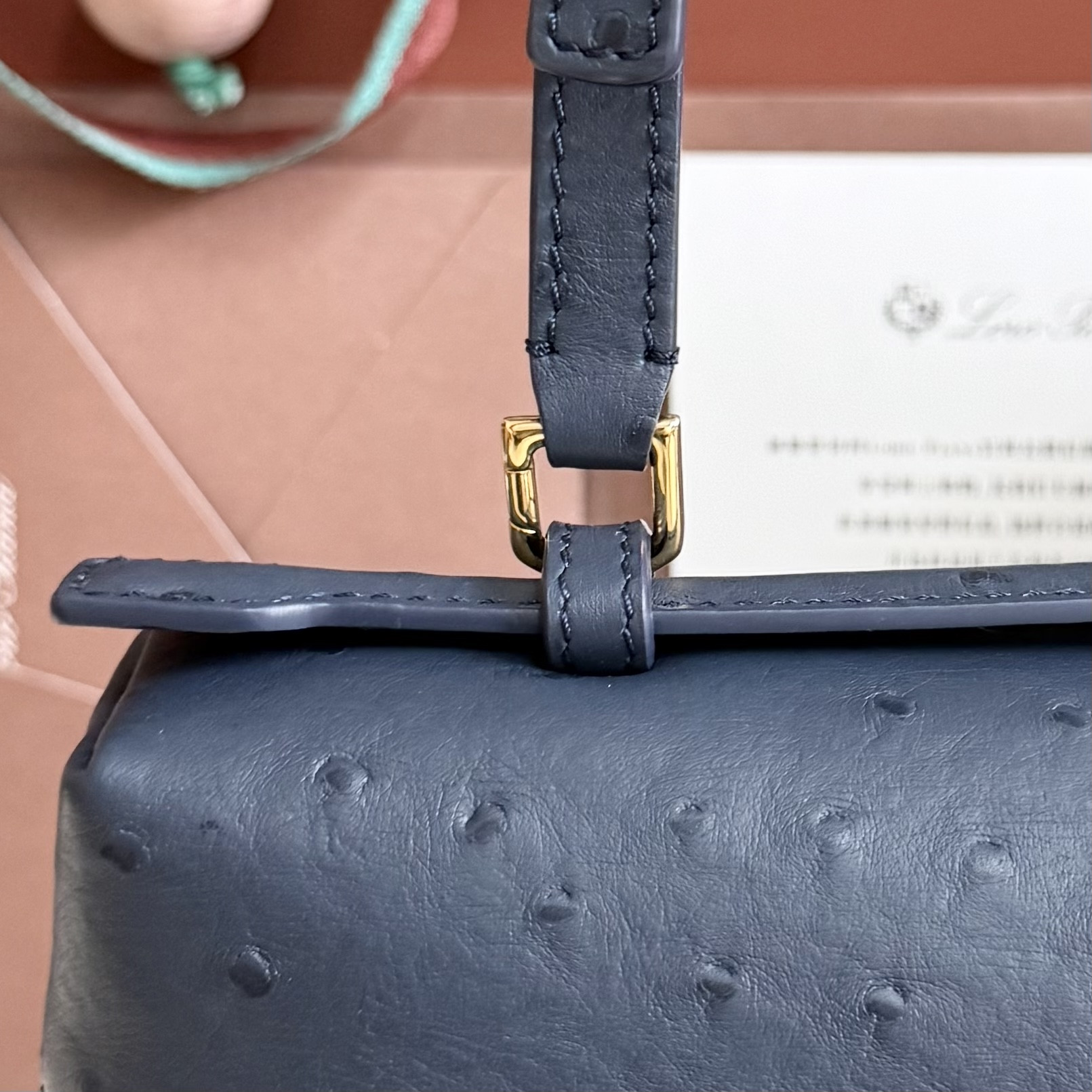 L0r0 P1ana Extra Pocket L27 Ostrich-grained Leather 16x27x10cm